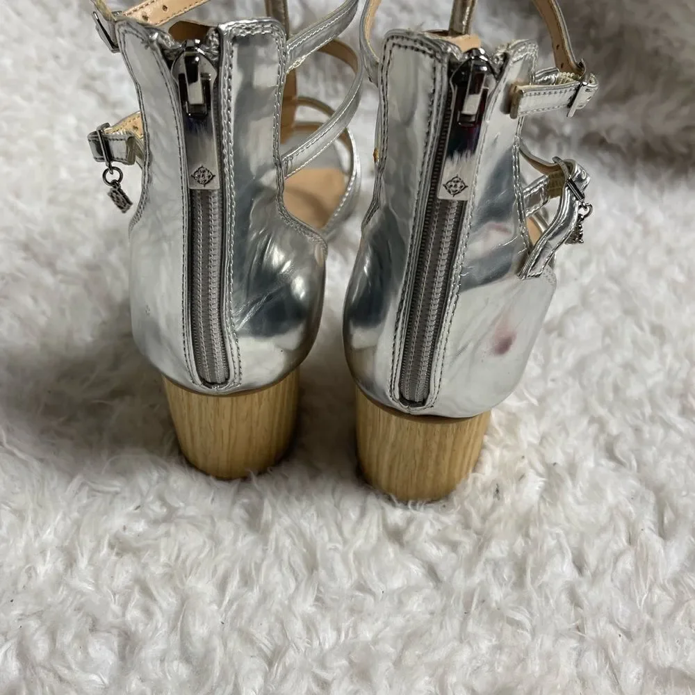 Nanette Lepore metallic silver T ankle straps sandals back zipper block 2” heels